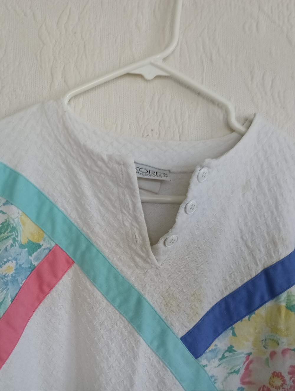 Koret White Floral Panel Colorblock Sweater Vintage Pastel Pink Blue Textured LG - Picture 2 of 12